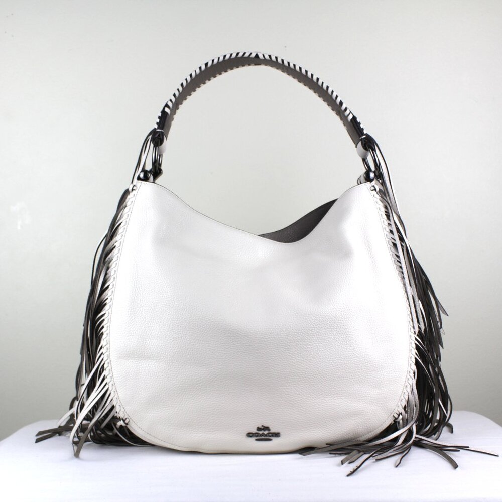 Coach Chalk Pebble Leather Fringe Nomad Large Hobo Shoulder Bag 37717
